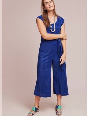 Anthropologie Maeve Royal Blue Pleated Wide-Leg Jumpsuit Sz 8P